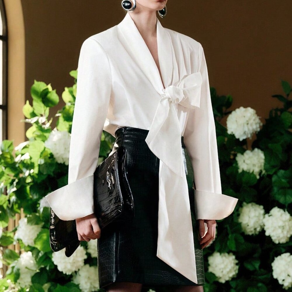 White Elegant Women's V-Neck Casual Blouse with Bow Tie Ribbon Long Sleeve - Picture 6 of 7